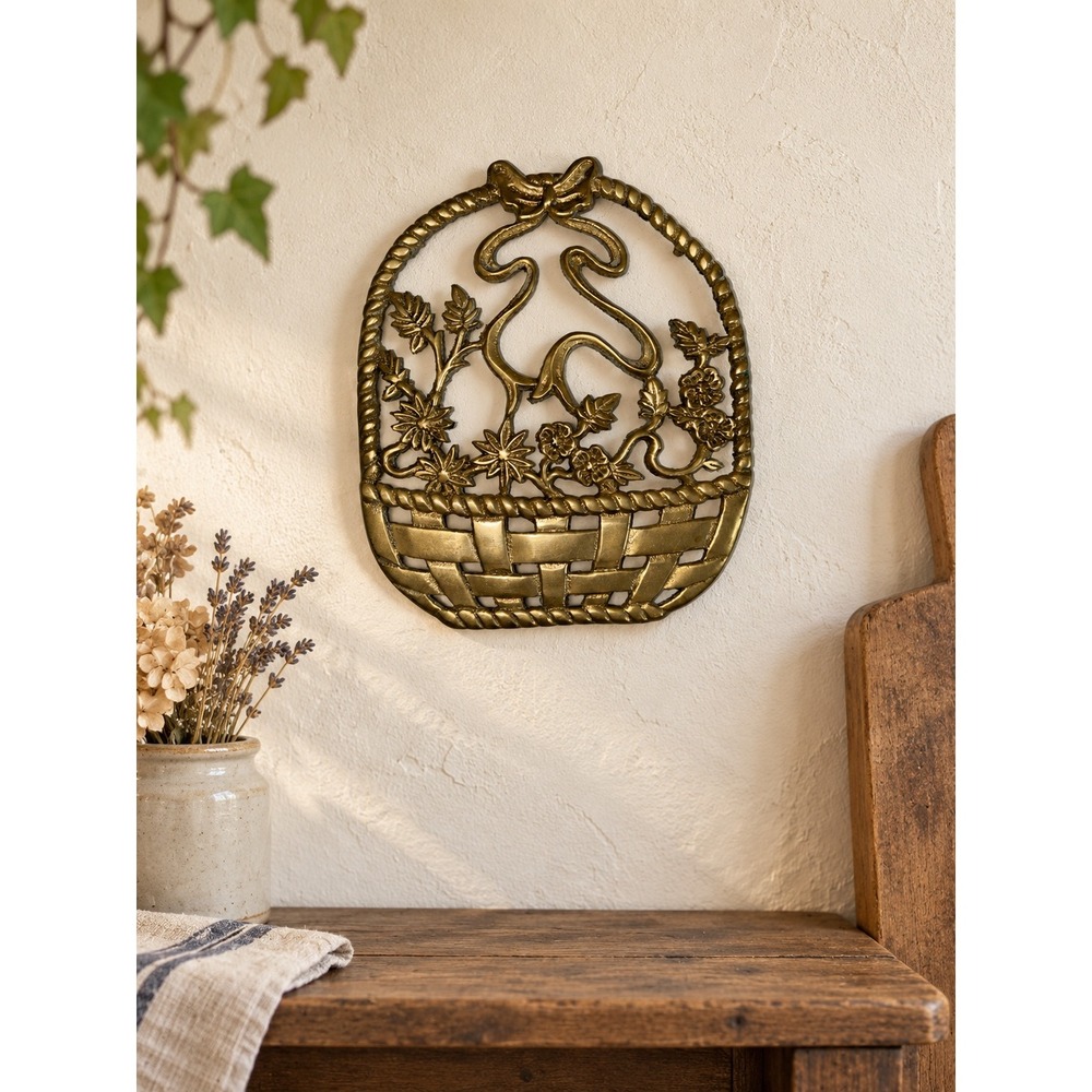 Vintage Solid Brass Flower Basket Trivet Bow Cottagecore Coquette Decor